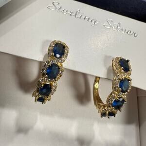 Sterling Silver Oval Hoops with crystals and blue stones